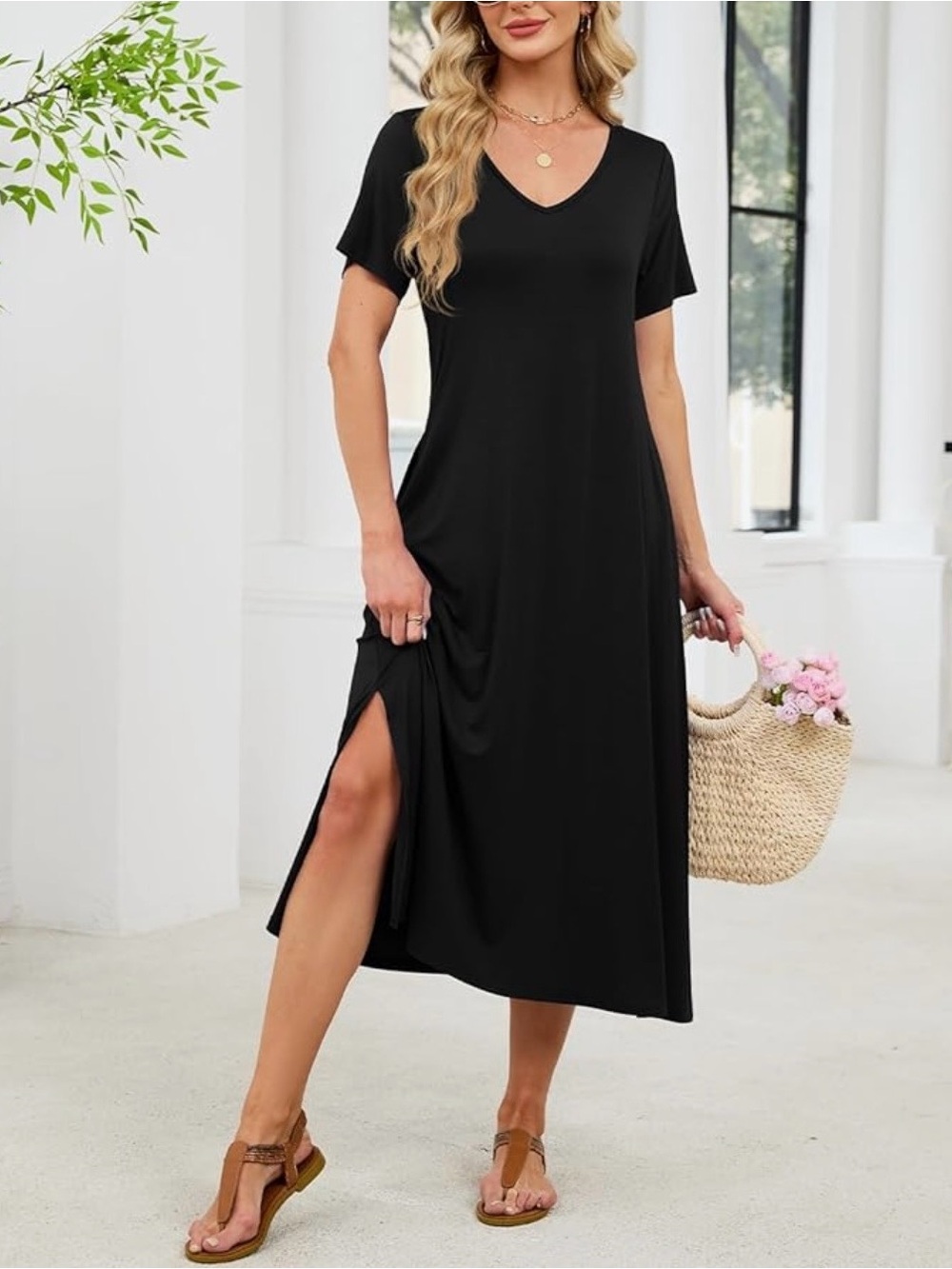 Plus Size Black V-Neck Midi Maxi Dress Short Sleeve Pockets Casual NWT